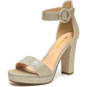 Amoji Women Glitter-gold Faux Suede Open Toe High Heel Chunky Platform Sandals